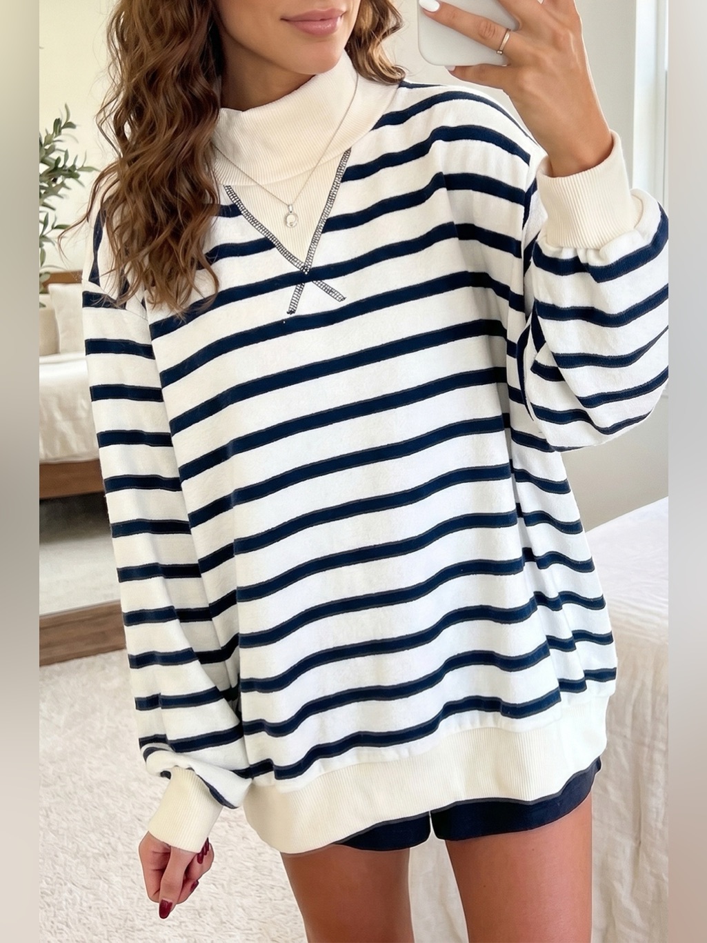 Striped Stand Neck Long Sleeve Ribbed Cuff Hem Sweatshirt